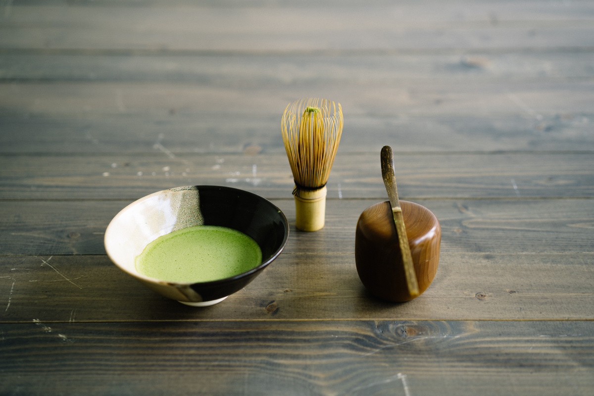 Green Tea in Bowl, Bamboo Whisk and Wooden Container